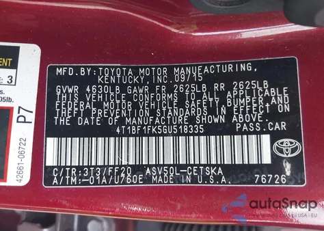 2016 Toyota Camry Se из США, поврежденный, VIN 4T1BF1FK5GU518335